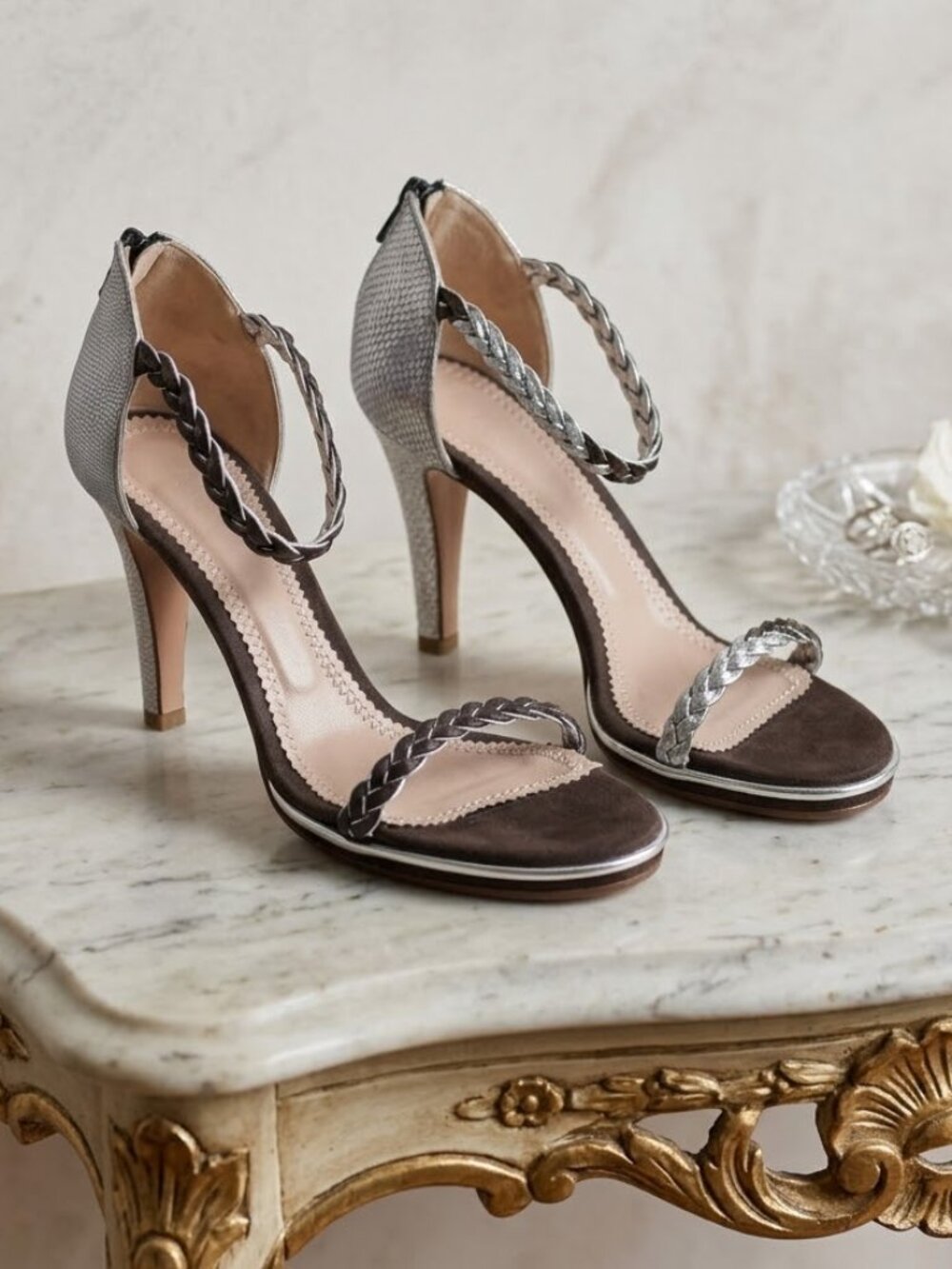 Chloe Silver and Brown Leather Suede Braided Sandals 39